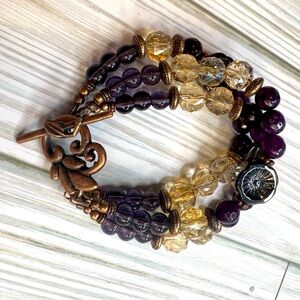 HM102- 3-Strand bracelet Deep Purple stone glass Copper accents